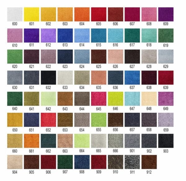 Amostras de cores disponíveis para personalização do tapete personalizado extra-long, com referências numéricas