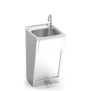 Lava-mãos em aço inox com pedal duplo e porta amovível profissional.
