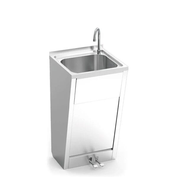 Lava-mãos em aço inox com pedal duplo e porta amovível profissional.