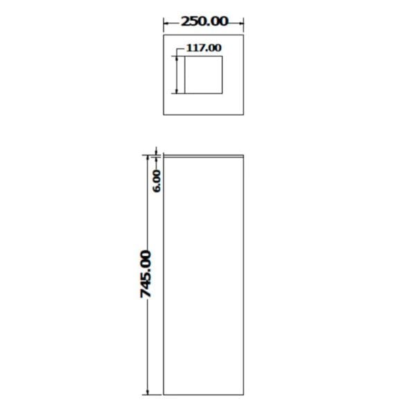 Infografia com as medidas 745x250x250 mm do ecoponto INOX individual 2 separadores.