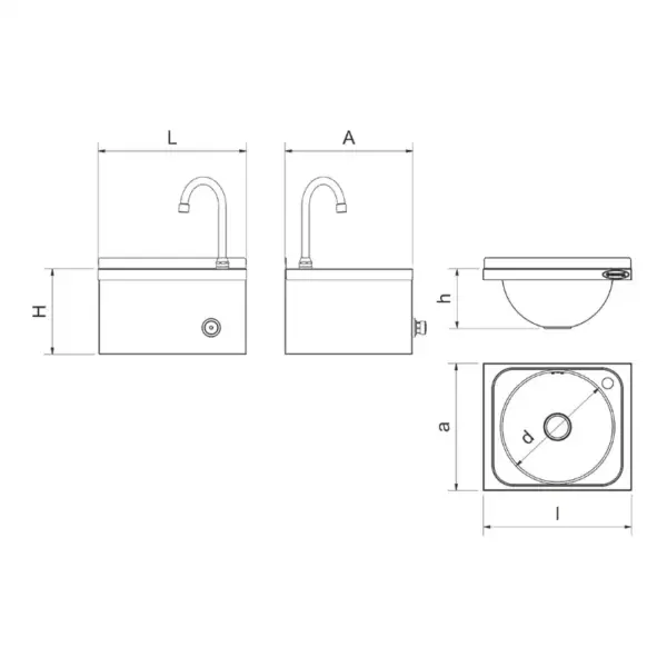 Esquema de medidas e dimensões do lava-mãos de parede inox Serie Fit