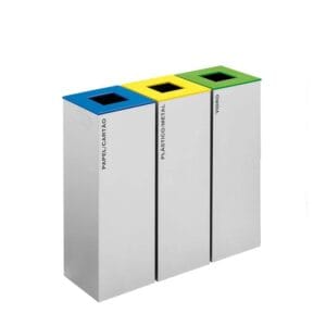 Ecoponto metálico individual para empresas com 3 separadores e tampas articuladas coloridas.