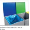 Detalhe das tampas articuladas em aço lacado com dobradiças robustas e sinalética de reciclagem