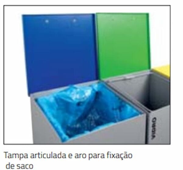 Detalhe das tampas articuladas em aço lacado com dobradiças robustas e sinalética de reciclagem