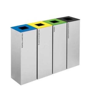 Ecoponto metálico individual para empresas com 4 separadores coloridos para reciclagem.