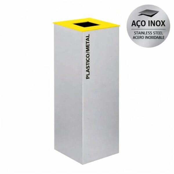 Ecoponto Individual Inox 44L com separador amarelo para reciclagem de plástico e metal