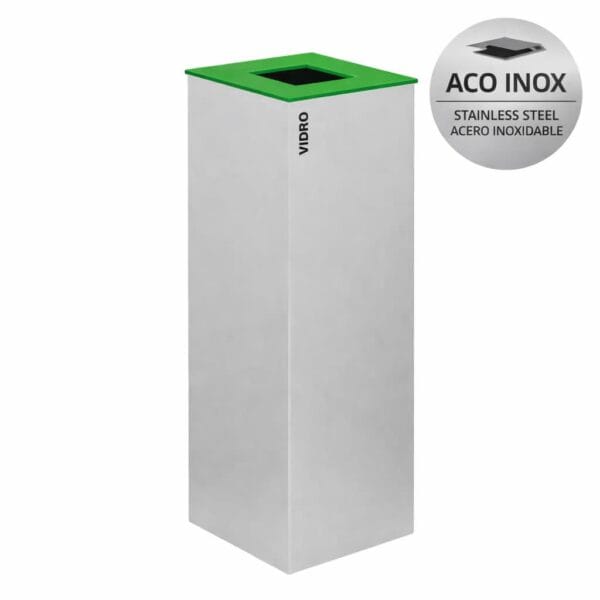 Ecoponto Individual Inox 44L com separador verde para reciclagem de vidro