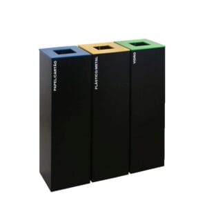 Ecoponto Individual para Empresas em preto com 3 separadores coloridos e capacidade de 132 litros.