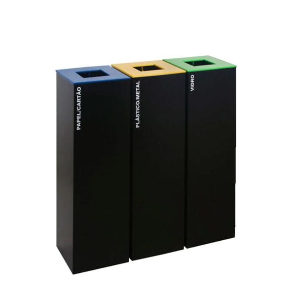 Ecoponto Individual para Empresas em preto com 3 separadores coloridos e capacidade de 132 litros.