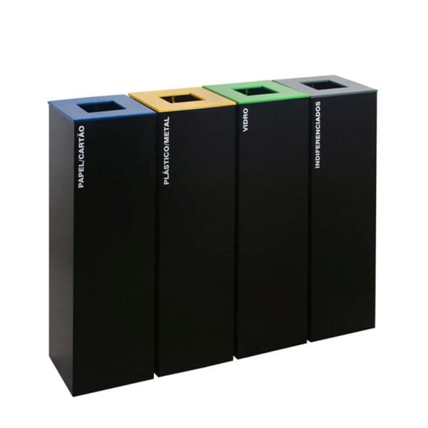 ecoponto-individual-para-empresas-preto-4-separadores-estacao - Abramo Ecoponto Individual para Empresas em preto com 4 separadores coloridos e 176 litros de capacidade.