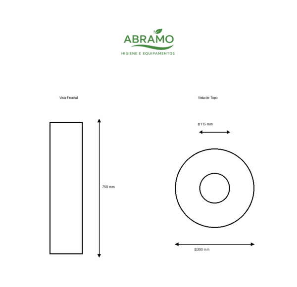 Ecoponto redondo single inox 50L dimensões 750 mm altura e Ø300 mm