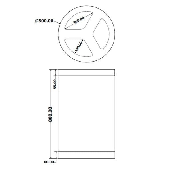 Dimensões do ecoponto inox redondo 3 separadores altura 800 mm diâmetro 500 mm