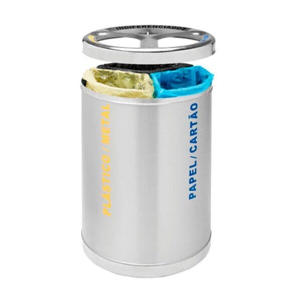 Ecoponto inox redondo com três separadores e estrutura interior para sacos