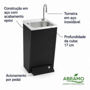 Lava-mãos inox com pedal Série Black, acabamento epóxi preto mate, torneira em aço inoxidável e acionamento por pedal