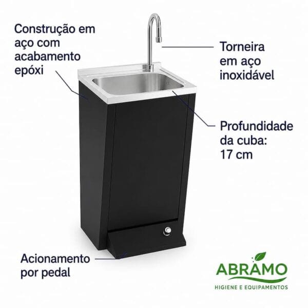 Lava-mãos inox com pedal Série Black, acabamento epóxi preto mate, torneira em aço inoxidável e acionamento por pedal