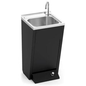 lava-maos-inox-pedal-preto-mate-vista-geral Lava-mãos inox com pedal, acabamento preto mate, vista geral com torneira e comando de pedal
