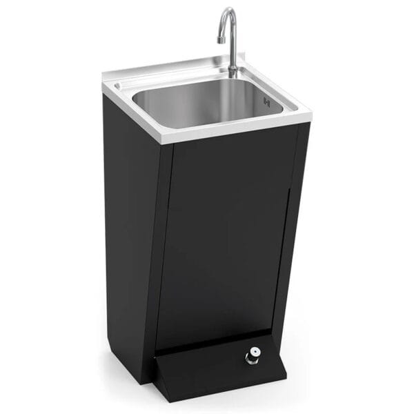 Lava-mãos inox com pedal, acabamento preto mate, vista geral com torneira e comando de pedal