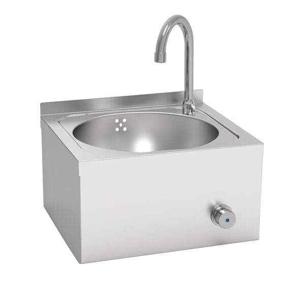 Lava-mãos de parede em aço inox 450x450mm com comando de joelho.