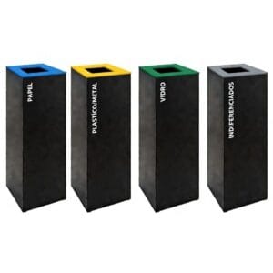 Mostruário de cores disponíveis para a tampa do ecoponto individual preto: azul, amarelo, verde e cinzento