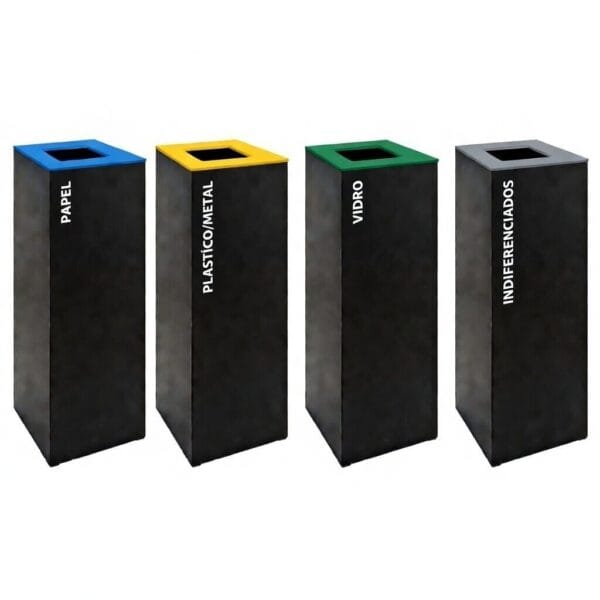 Mostruário de cores disponíveis para a tampa do ecoponto individual preto: azul, amarelo, verde e cinzento