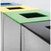 Detalhe das 4 tampas articuladas com sinalética de resíduos para papel, plástico, vidro e comum.
