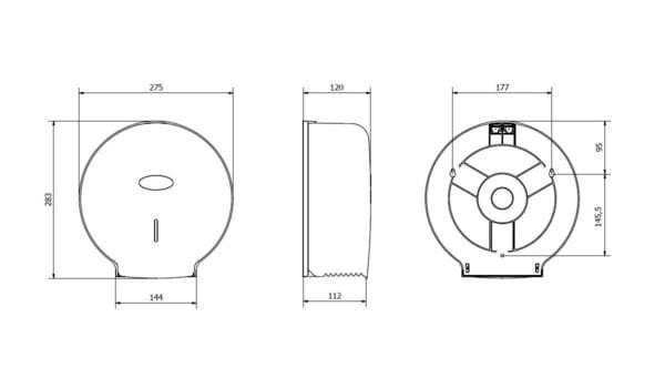 Dimensoes do dispensador papel higienico jumbo preto em ABS com esquema tecnico para instalacao em parede