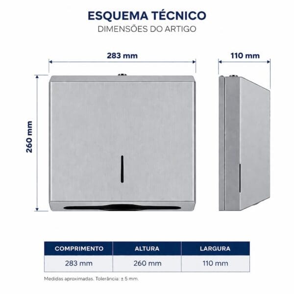 Dimensões do dispensador toalhas papel inox esquema técnico profissional Abramo