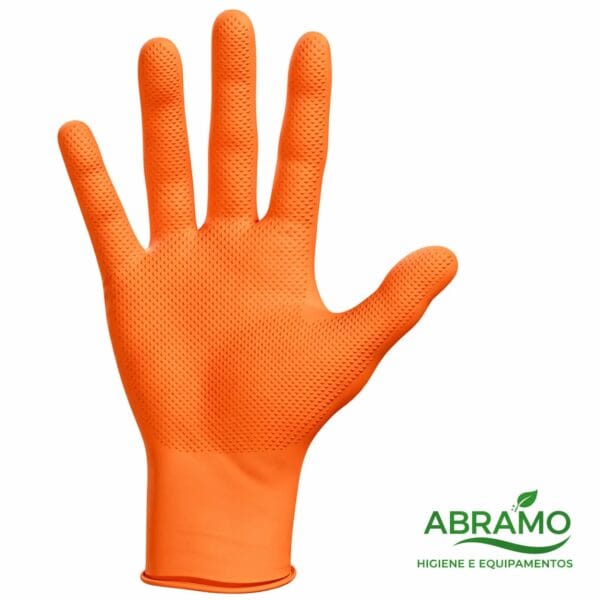 Luva nitrilo laranja 8.5g diamantada descartável com elevada aderência e durabilidade.