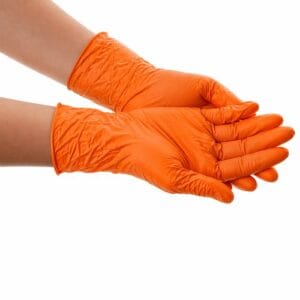 Luvas nitrilo laranja 8.5g diamantadas em mãos com elevada aderência
