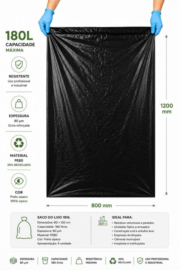 Saco lixo 800x1200 Extra Forte com medidas e especificações industriais