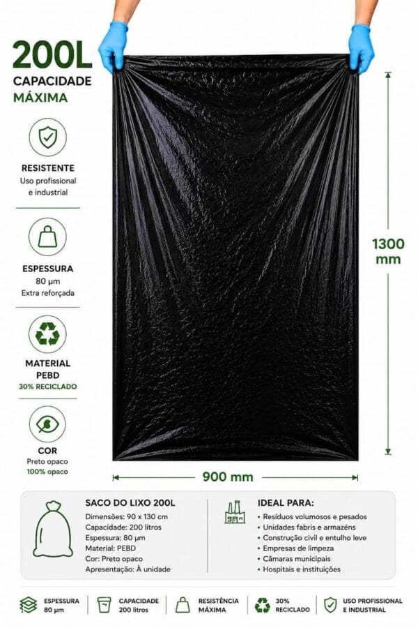 Saco lixo 900x1300 200 litros Extra Forte industrial em PEBD preto opaco