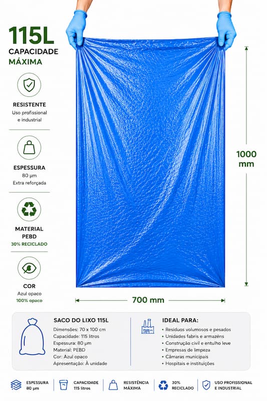 Saco lixo azul 115L em uso com características técnicas: 80 µm, PEBD 30% reciclado, 700x1000 mm — Abramo