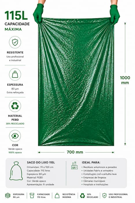 Infográfico saco lixo verde 115 litros 700x1000 mm PEBD 80 µm 30% reciclado — especificações técnicas — Abramo