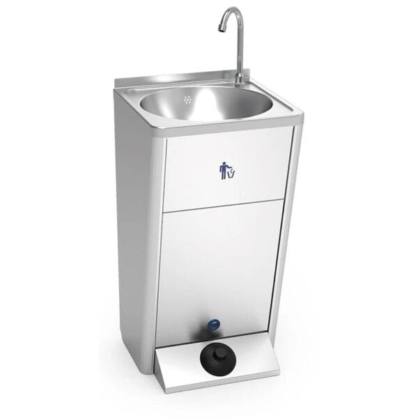 Lava-mãos portátil inox com acesso fácil à limpeza interior e ao lixo integrado