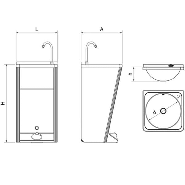 Desenho técnico do lava-mãos portátil inox com as medidas L, A, H e diâmetro da cuba
