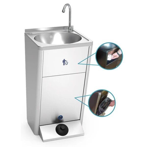 Lava-mãos portátil inox com acesso fácil à limpeza interior e ao lixo integrado