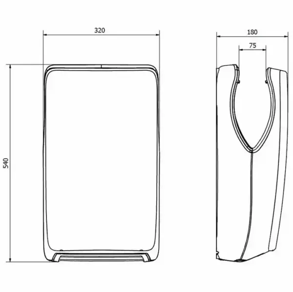 Desenho técnico do secador de mãos Jet Smart preto com as medidas de largura, altura e abertura central