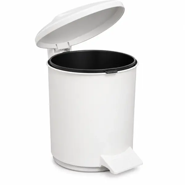 Balde do lixo redondo branco com pedal 6L aberto, balde interior preto, Abramo