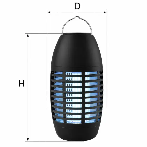 Diagrama de dimensões do exterminador de insetos portátil: diâmetro 125 mm, altura 245 mm