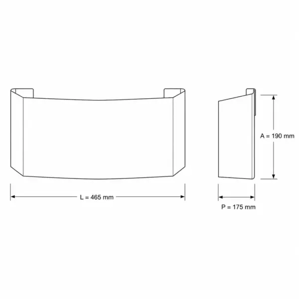 Desenho técnico com dimensões do insetocaçador inox parede 20W, 80m² — 465×175×190mm, Abramo