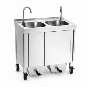 Lava-mãos portátil inox com 2 pios e torneiras altas em bico de cisne