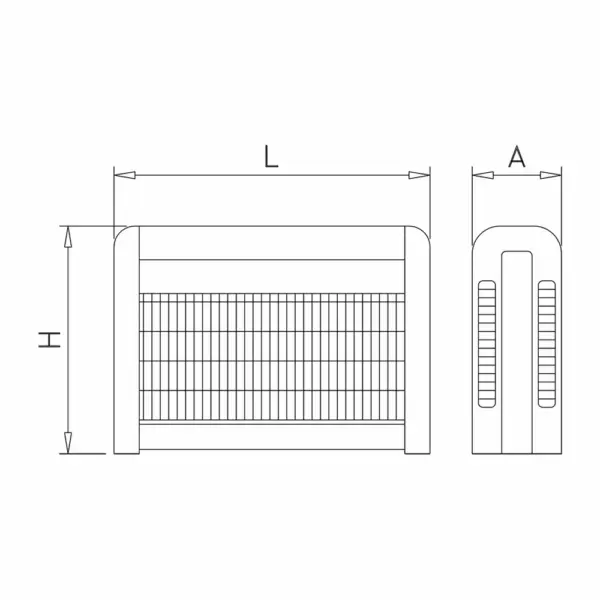 Esquema técnico com dimensões L x A x H do exterminador de insetos LED 240m2 em inox 30W