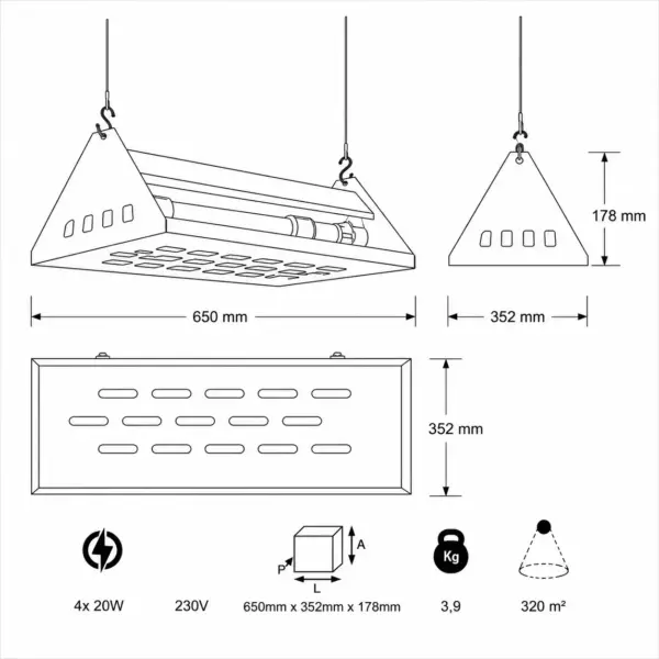 Esquema técnico dimensional do insetocaçador de teto 320m2 80W inox cinzento 650x352x178mm 3.9kg