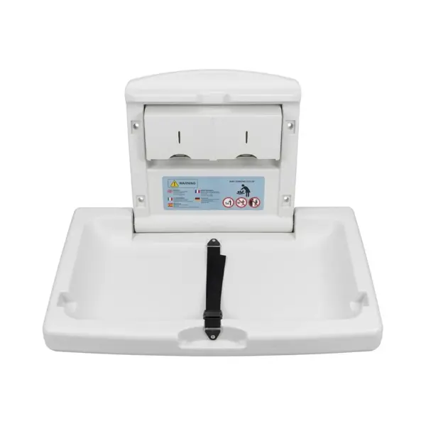 Fraldário de parede horizontal branco aberto, visto de frente, com cinto de segurança e dispensador duplo de protetores