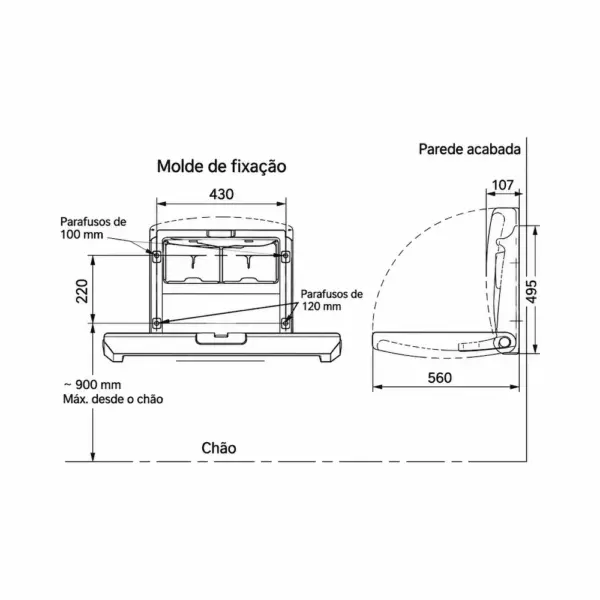 Esquema técnico com cotas, molde de fixação e dimensões de instalação do fraldário de parede horizontal Abramo